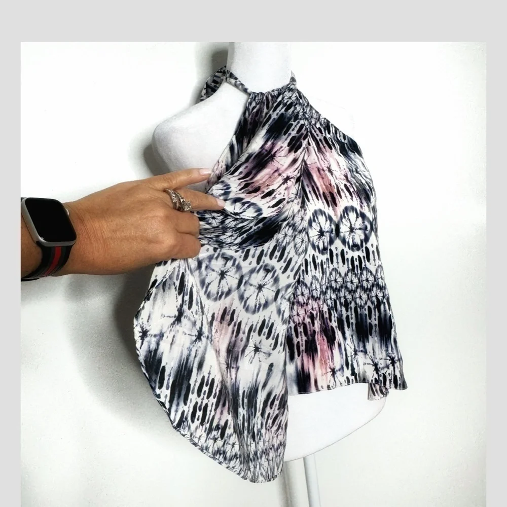 Amanda Uprichard Silk Top Halter Style Tie Neck Flyaway Styling Watercolor Print - Picture 6 of 12